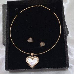18K Gold Plated Mother of Pearl Heart Necklace and Earring Set
